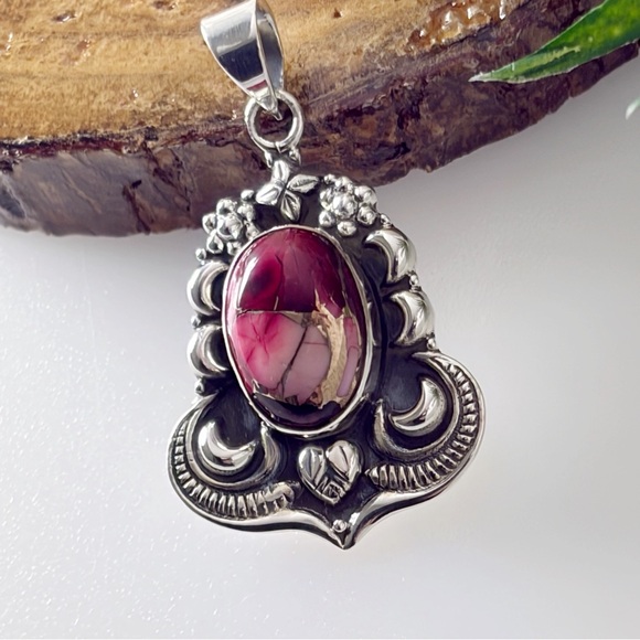 Pure Sterling Silver 925 Genuine Red Rose Dahlia Turquoise Pendant Navajo Style - Picture 6 of 11